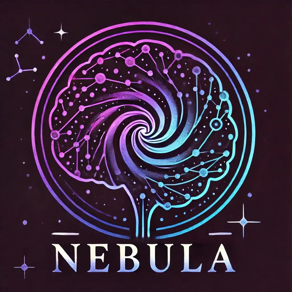 DALL·E 2024-12-02 13.00.09 - A captivating logo for NEBULA, featuring a deep purple and cosmic blue gradient background with constellation patterns. At the center, a spiral gala