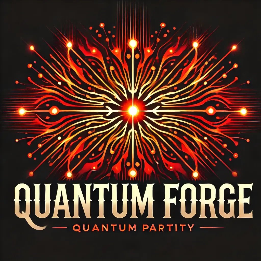 DALL·E 2024-12-02 13.00.17 - A bold logo for QUANTUM FORGE, featuring plasma-like reds and oranges with quantum particle effects. The design incorporates dynamic neural patterns