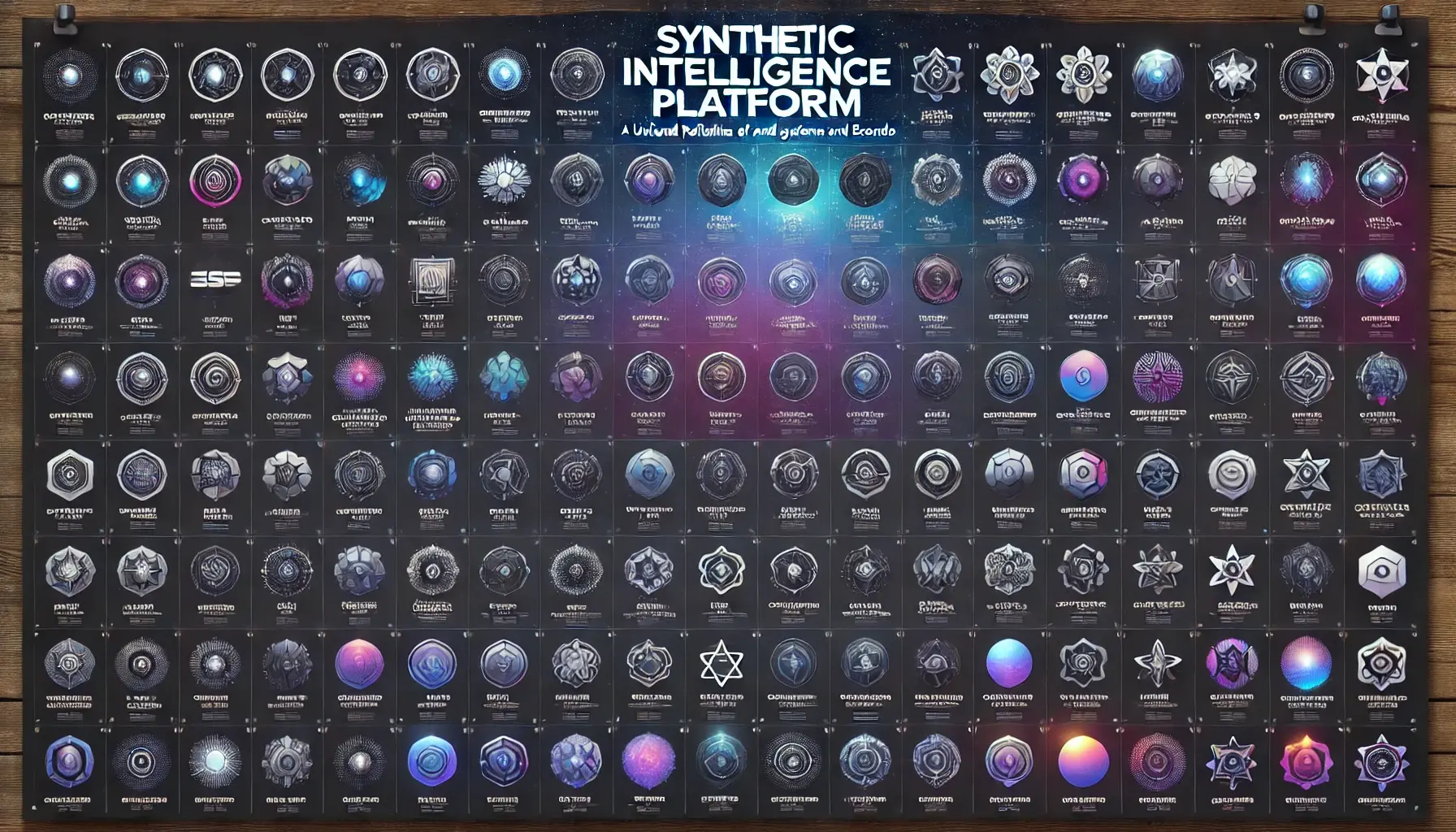 DALL·E 2024-12-02 06.42.51 - A detailed and cohesive poster showcasing all 50 system logos from the synthetic intelligence platform portfolio. Each logo is displayed in a grid lay